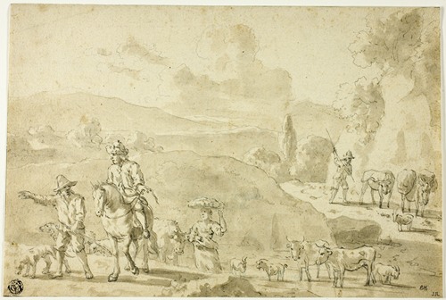 Cows, Sheep, Goats Being Herded, Herdsman Giving Directions to Traveler on Horseback