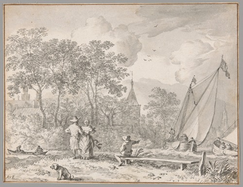 Landscape with Elegant Figures by a River, with Boats to the Right and a Town Behind Trees Beyond