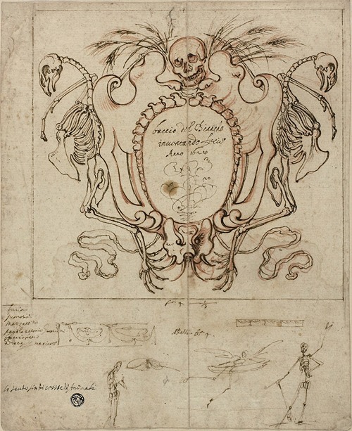 Funereal Cartouche with Inscription and Sketches of Skeletons and Ornamental Details