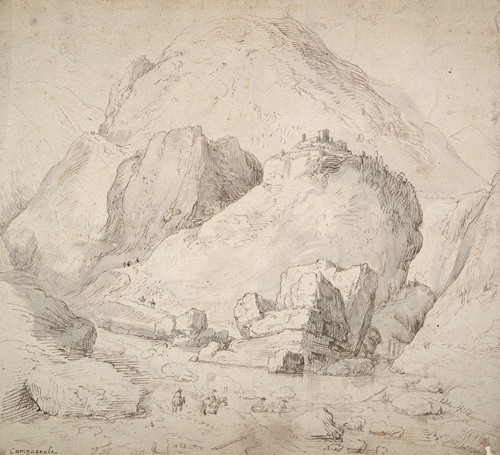 Mountainous Landscape with Figure on Horseback in Foreground