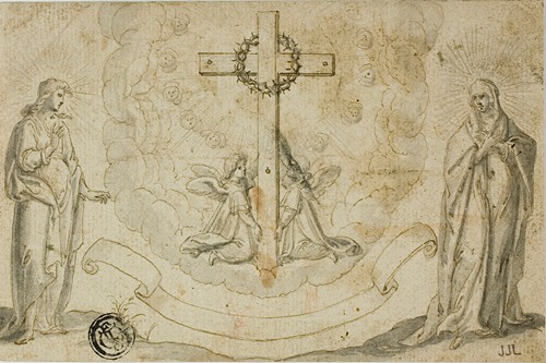 Virgin Mary and St. John the Evangelist Beholding a Vision of the Cross Held by Two Angels