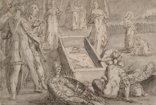 Christ’s Empty Tomb after the Resurrection, with Christ Appearing to Mary Magdalene at the Right