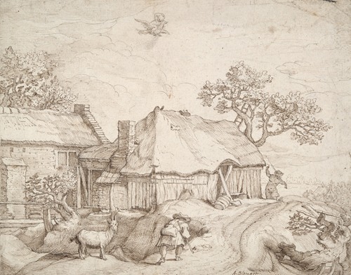 Farm Buildings with Peasants, a Goat, and the Abduction of Ganymede