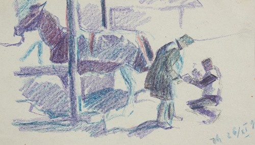 Dwaj żołnierze Legionu Ukraińskich Strzelców Siczowych (1914-1920) podkuwający konia
