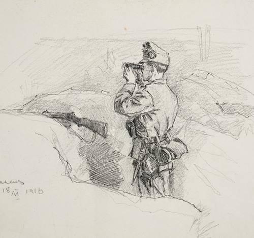 Oficer Legionu Ukraińskich Strzelców Siczowych (1914-1920) w okopie obserwujący przez lornetkę przedpole