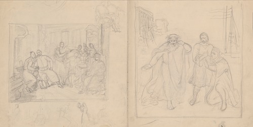 Sketches of figural compositions – the scene inside a manor house and the scene with a diviner