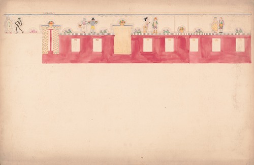 Design for unidentified commercial interior, possibly restaurant or bakery. Elevation with frieze of paired figures