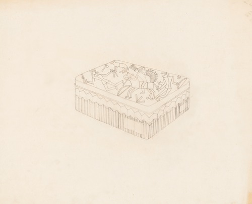 Graphic design drawings for Barricini Candy packages. 3-D Study, rectangular candy box with Indian motif