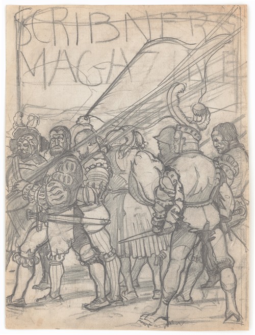 Graphic designs for Scribner’s Magazine cover, Medieval Festival theme. Drawing of men with medieval clothing and weapons, including Scribner’s logo