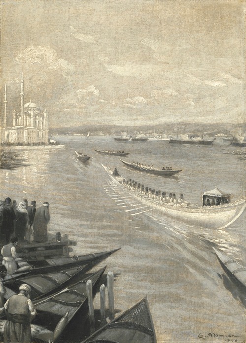 Abdülhamid II crossing the Bosphorus for his coronation in the Eyüp Sultan Mosque, the Dolmabahçe Mosque beyond