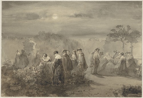 Gezelschap van dames en heren in een door de maan beschenen hof met rozenstruiken