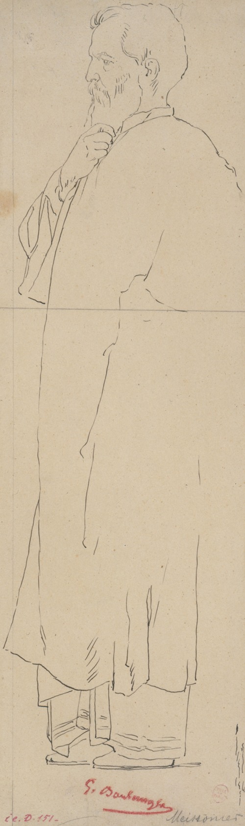 Portrait du peintre Meissonnier en pied dans un costume à l’antique