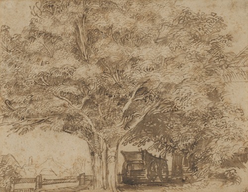 A haywain under trees, with farm buildings to the right and beyond at left
