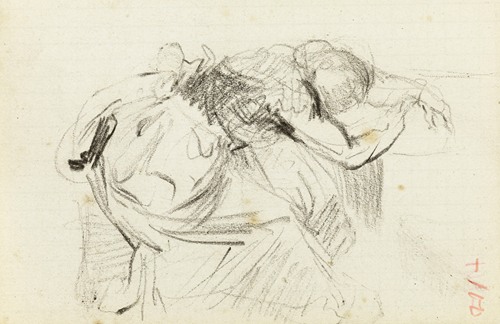 Etude de femme assise, l’avant du corps allongé sur une table, la tête dans les bras