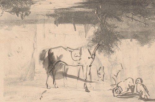 Rivierlandschap en twee paarden met knecht in de stal