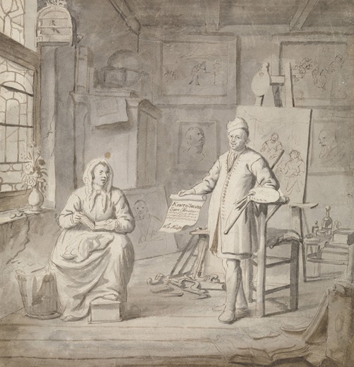 Schilder Michiel Comans en zijn derde vrouw Elisabeth van der Mersche in het atelier