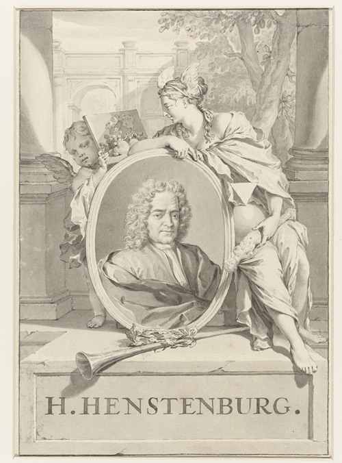 Portret van Herman Henstenburgh in ovaal vastgehouden door vrouwenfiguur en putto