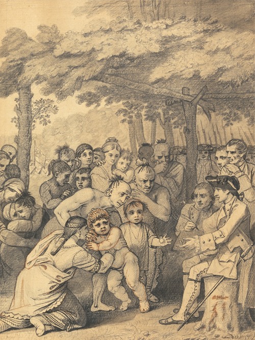 The Indians Delivering up the English Captives to Colonel Bouquet near his camp at the folks of Muskingum in North America in November 1764, 1765