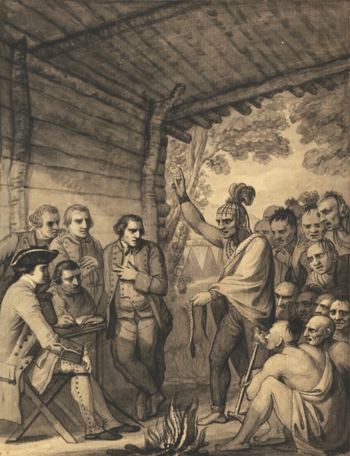 The Indians Giving a Talk to Colonel Bouquet in a conference at a Council Fire Near his Camp on the Banks of Muskingum in America, in October 1764, 1765 (between 1765 and 1766)