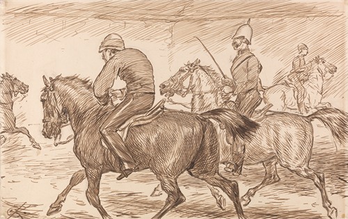 An Indoor Military Riding School With an Instructor Teaching Recruits to Trot
