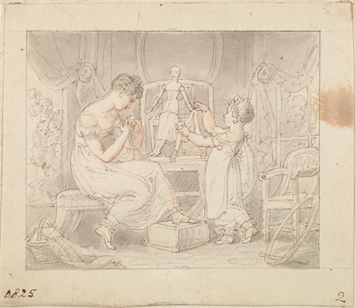 Illustration for The New Doll; Sewing Clothes for the Doll (1825)