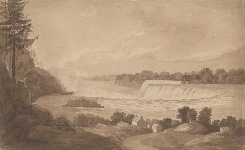 View of Niagara Falls with the Falls in the Background, Right, and Landscape with Houses in the Foreground