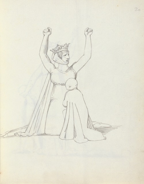 Mrs. Siddons kneeling with arms raised over her head, hands are curled into fist