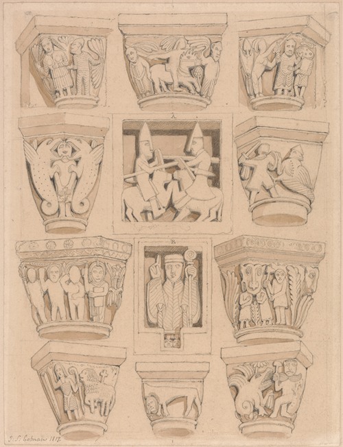 Capitals and A & B Bas-Reliefs in the Abbey Church of Saint Georges de Bocherville, near Rouen, Normandy