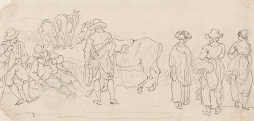 Figure with Lute and Tambourine, with Other Figures; Men Resting, Country Women, Horses, etc.
