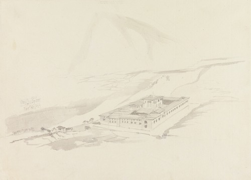 View of Tasicho Dzong from Above (panoramic view of a large building in a valley)