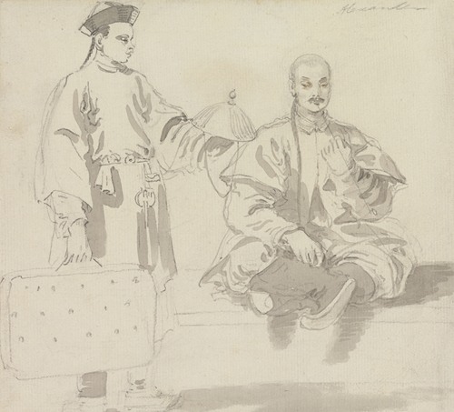 Two Chinese Figures A Seller of Hats and a Man Sitting Cross-Legged, Smoking a Pipe