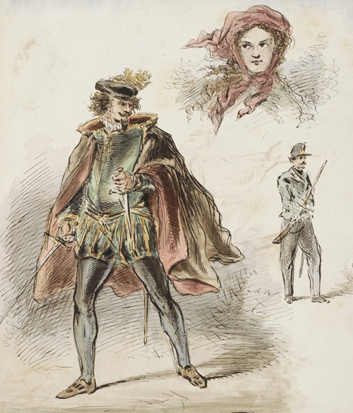 Man in historisch kostuum, een vrouw met hoofddoek en een soldaat