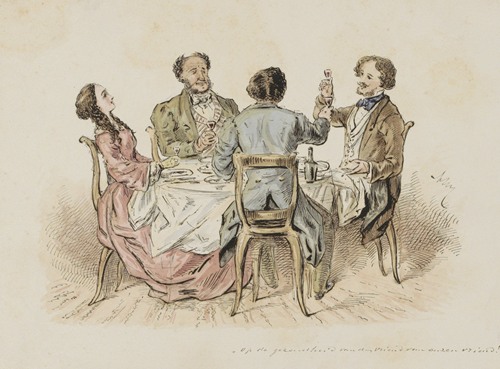 Vier figuren die een toost uitbrengen aan een tafel