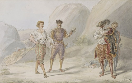 Vier mannen met zwaarden in een rotsachtig landschap