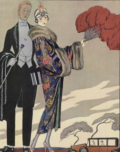 Gazette du Bon Ton, 1923 - No. 3, Pl. 13 : Le départ pour le casino / Manteau du soir, de Worth (1923)