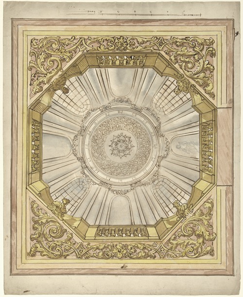 Ontwerp voor een plafondschildering met illusionistische koepelgewelf waarin een roset