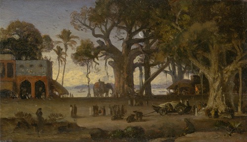 Moonlit Scene of Indian Figures and Elephants among Banyan Trees, Upper India (probably Lucknow)