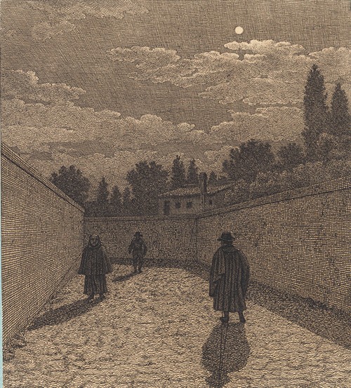 Måneskin over en vej med tre figurer. Illustration til ‘Linearperspectiven’, Tavle IV (1838 - 1840)