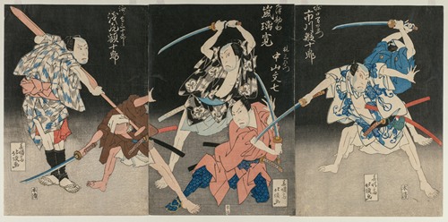 Asao Gakujurō as the Boatman Sanjūrō, Nakayama Bunshichi as Hayashi Sanzemon, Arashi Rikan II as Kizu Kansuke, and Ichikawa Ebijūrō II as Horiguchi Manzaemon from the Kabuki Play Eight Views of the Kizu River by Boating Song (1829)