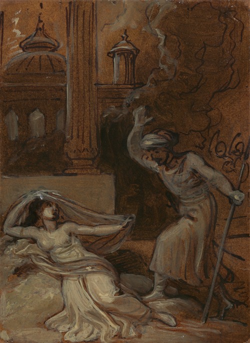 Illustration for an Eastern Romance, possibly ‘The Arabian Nights’ (with female figure reclining at left)