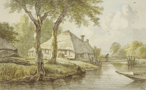 Bei zwei Bäumen ein Haus am Wasser, ein Steg, rechts die Spitze eines Kahnes