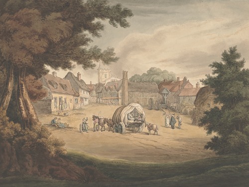 A country village; With cart and numerous figures in foreground