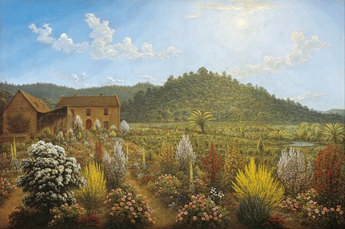A view of the artist’s house and garden, in Mills Plains, Van Diemen’s Land