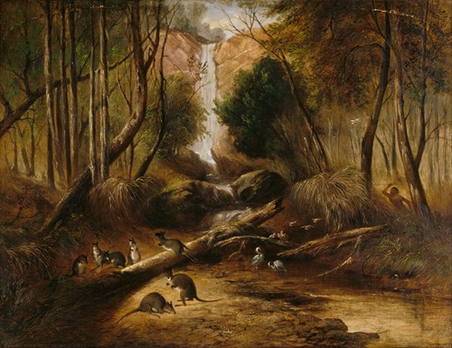 Bush landscape with waterfall and an aborigine stalking native animals, New South Wales