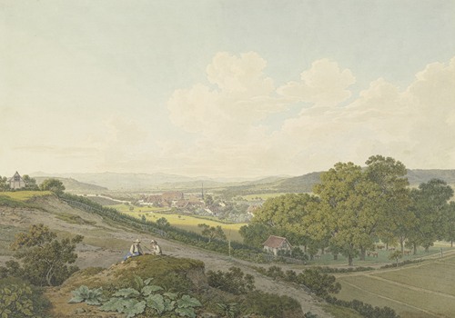 Blick von einer Anhöhe auf das Dorf St. Jakob bei Basel mit spitzem Kirchturm