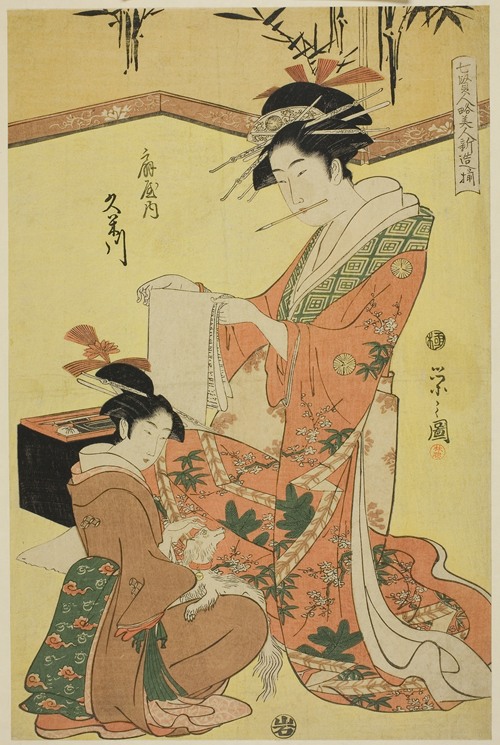 Beauties Parodying the Seven Sages – A Selection of Younger Courtesans (Shichi kenjin yatsushi bijin shinzo zoroe); Kumegawa of the Ogiya