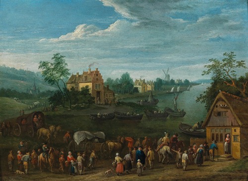 A river landscape with travellers in the foreground
