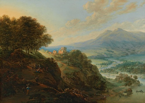 A vast mountain landscape with peasants resting near a path and a small fortified town in a valley