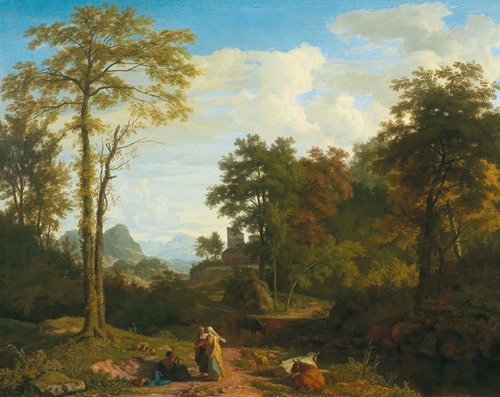 A southern landscape with travellers in front of a fortified town