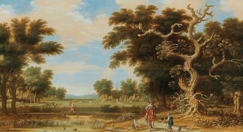 A wooded river landscape with a horseman and wanderers